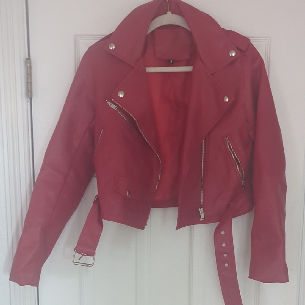 SHEIN Red Faux Leather Moto Jacket with Belt